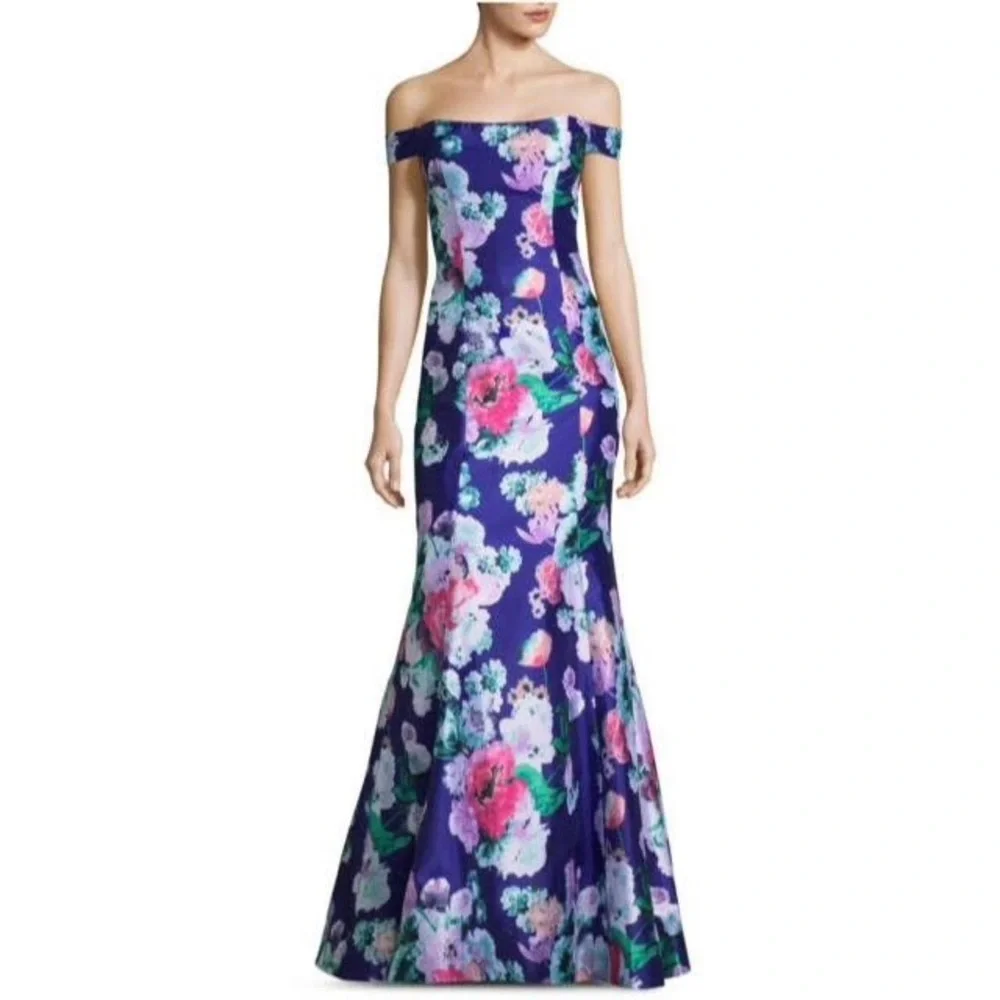 My Michelle- NWT Off the Shoulder Blue Floral Mermaid Gown Size 0 - Picture 1 of 14